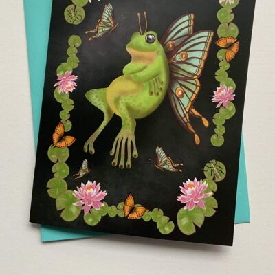 Flutter Frog. Frog greetings card . Butterfly , woodland , fantasy art card