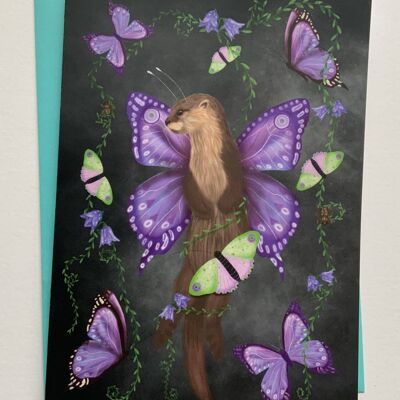 Ottering around. Otter greetings card , butterfly , woodland , fantasy art card