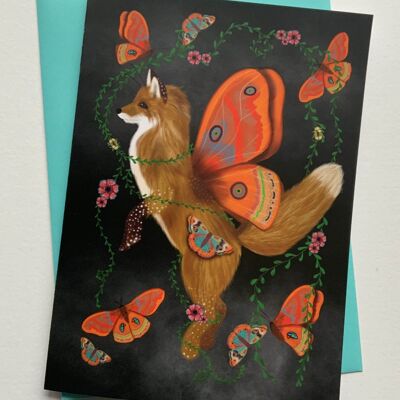 Foxerfly. Fox butterfly greetings card , cottage core , fantasy art card
