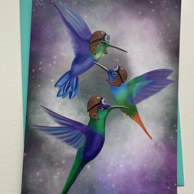 The Three Aces. Humming bird greetings card , wildlife fantasy art card