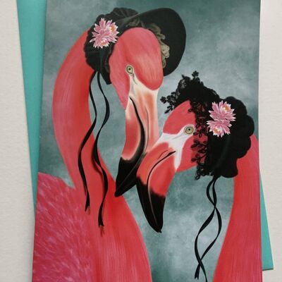 Widows Weeds. Flamingo greetings card , gothic art card , fantasy art . Wildlife