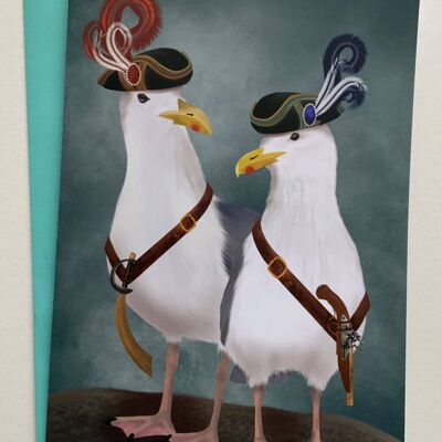 Calico Jack & Barnacle Bill. Seagull greetings card , wildlife , seaside , funny bird art card