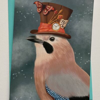 The Hatter. Jay bird greetings card , mad hatter , fantasy bird art card