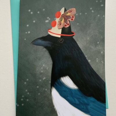 Lucky Sam. Magpie greetings card , Raven , bird fantasy art card , Halloween