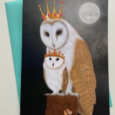 My Boy. Owl greetings card. Woodland , barn owl , fantasy bird art , mother and child