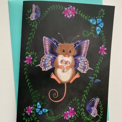 Butter Mouse. Mouse greetings card, butterfly , woodland , fantasy art card