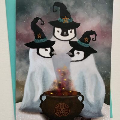 The Sisters. Penguin greetings card , pagan , magical, cute, funny fantasy art card