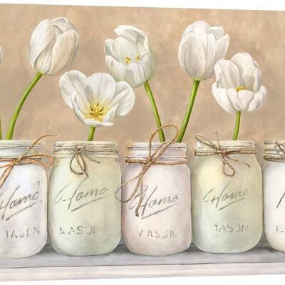 Shabby picture with flowers. Canvas Print: Jenny Thomlinson, White Tulips in Mason Jars