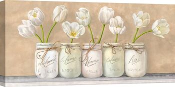 Image minable avec des fleurs. Impression sur toile : Jenny Thomlinson, tulipes blanches dans des bocaux Mason 1