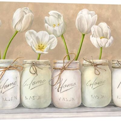 Quadro shabby con fiori. Stampa su tela: Jenny Thomlinson, Tulipani bianchi in Mason Jars