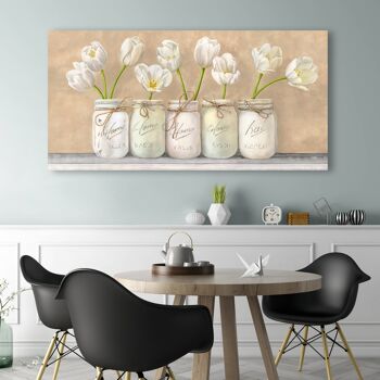 Image minable avec des fleurs. Impression sur toile : Jenny Thomlinson, tulipes blanches dans des bocaux Mason 2