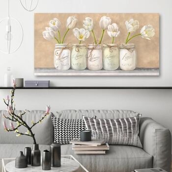 Image minable avec des fleurs. Impression sur toile : Jenny Thomlinson, tulipes blanches dans des bocaux Mason 3