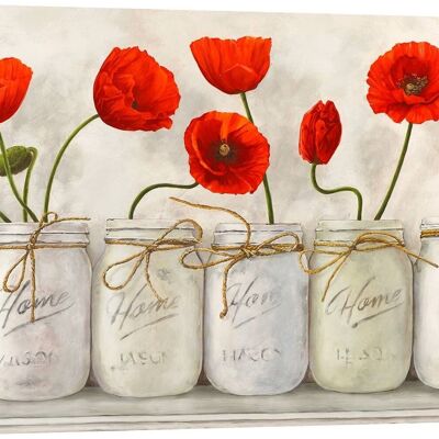 Shabby picture with flowers. Canvas Print: Jenny Thomlinson, Red Poppies in Mason Jars