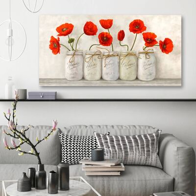 Schäbiges Bild mit Blumen. Leinwanddruck: Jenny Thomlinson, Rote Mohnblumen in Mason Jars