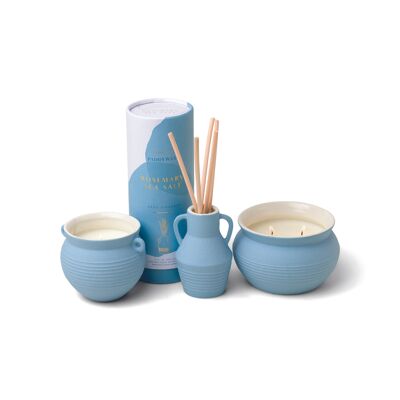 Candela in ceramica azzurra Santorini 240g - sale marino al rosmarino