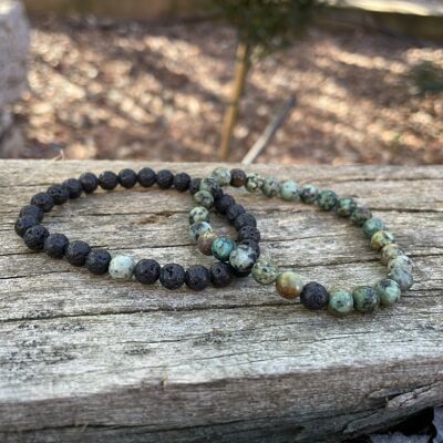 Elastic bracelets for distance, couple in Lava Stone and African Turquoise
