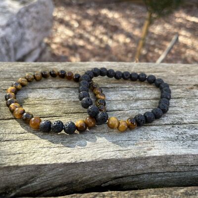 Elastic distance and couple bracelets in Lava Stone and Tiger's Eye