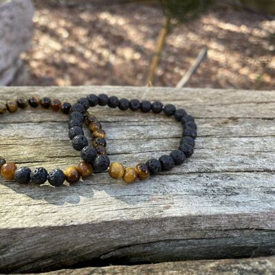 Elastic distance and couple bracelets in Lava Stone and Tiger's Eye