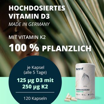 brandl® Vitamine D3 K2 hautement dosée | Capsules végétaliennes premium testées en laboratoire de manière indépendante | D3K2 2