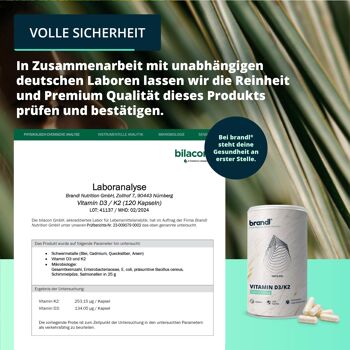 brandl® Vitamine D3 K2 hautement dosée | Capsules végétaliennes premium testées en laboratoire de manière indépendante | D3K2 5