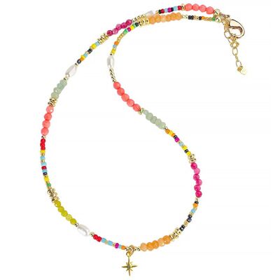 Sunshine' choker necklace made of jade and Miyuki beads, orange/pink