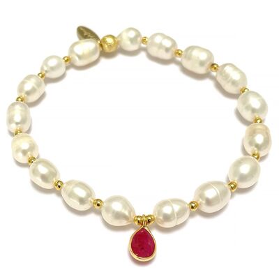 Freshwater pearl bracelet with margenta agate pendant