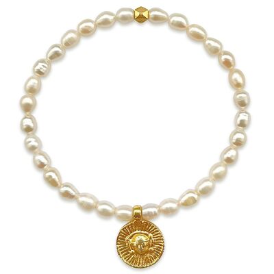 Bracelet de perles d'eau douce avec médaillon aztèque plaqué or