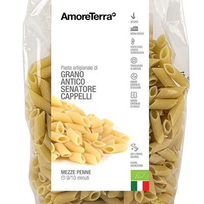 MEZZE PENNE RIGATE OF ANCIENT WHEAT CAPPELLI VARIETY - 100% ITALIAN ORGANIC WHEAT - BRONZE DRAWN - SLOW DRYING AT LOW TEMPERATURE