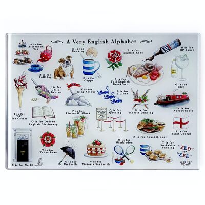 Una tabla de cortar con el alfabeto muy inglés