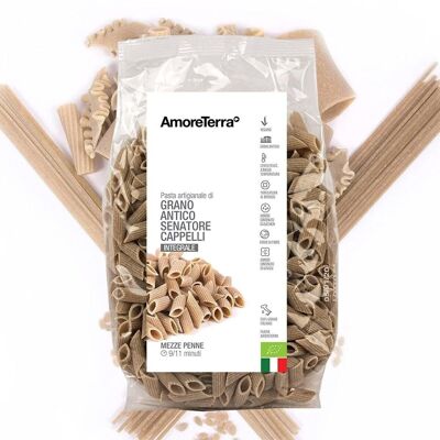 WHOLEMEAL WHEAT MEZZE PENNE RIGATE CAPPELLI VARIETY - 100% ITALIAN ORGANIC WHEAT - BRONZE DRAWN - SLOW DRYING AT LOW TEMPERATURE - HIGH QUALITY