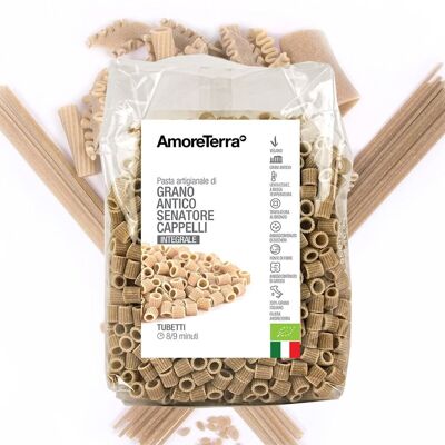 TUBETTI INTEGRALI DI GRANO ANTICO VARIETA' CAPPELLI - 100% GRANO BIOLOGICO ITALIANO - TRAFILATA AL BRONZO - LENTA ESSICCAZIONE A BASSA TEMPERATURA - ALTA QUALITA'