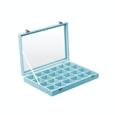 Sieradendoos met glazen deksel en lichtblauw fluwelen deksel 35 x 24 x 5 cm (L x B x H)