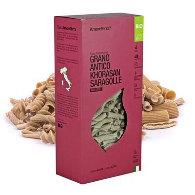KHORASAN SARAGOLLE WHOLEMEAL PRESSES - ORGANIC PASTA - ANCIENT WHEAT - STONE MILLING - 100% ITALIAN - CRAFTSMANSHIP WITH SLOW DRYING AT LOW TEMPERATURE - HIGH QUALITY - MADE IN ITALY