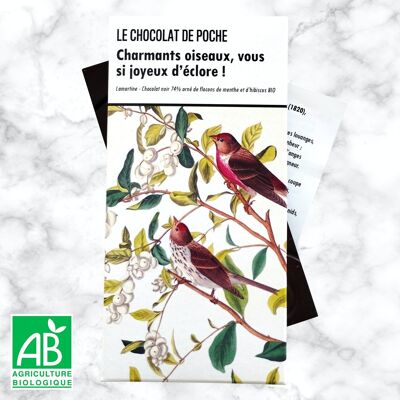 74% dark chocolate bar adorned with organic mint and hibiscus flakes - Charming birds...