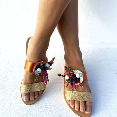 Embellished slide flat sandals : Leonor