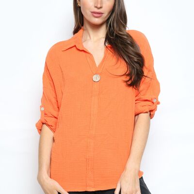 Rolled sleeve top with decorative button