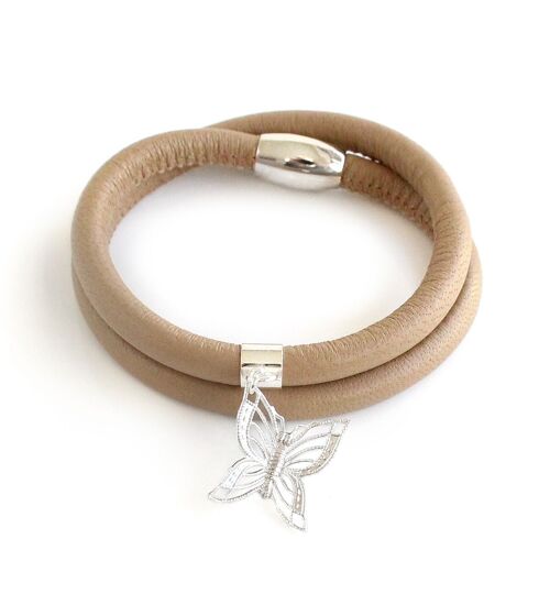 Beige leather and butterfly bracelet