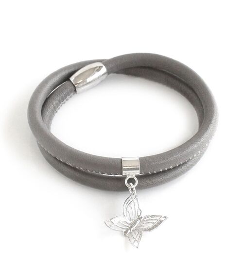 Grey leather and butterfly bracelet