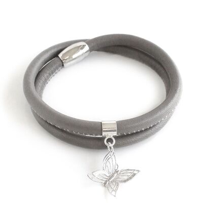 Bracelet cuir gris et papillon