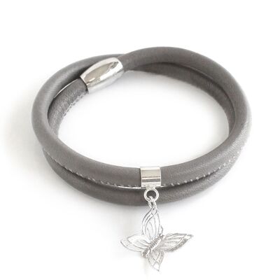 Grey leather and butterfly bracelet