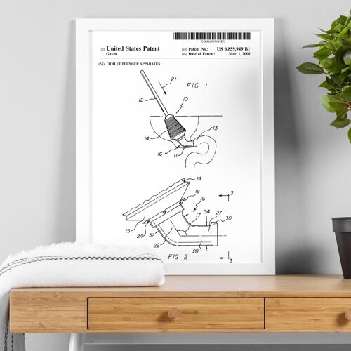 Toilet plunger patent drawing print for bathroom, toilet or WC