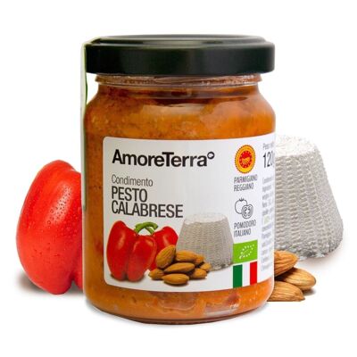 ORGANIC CALABRIAN PESTO WITH ALMONDS, DRIED TOMATOES, DRIED PEPPERS AND RICOTTA - Condiment based on peppers, ricotta and almonds - NO GMO - ITALIAN PRODUCT IN GLASS JAR