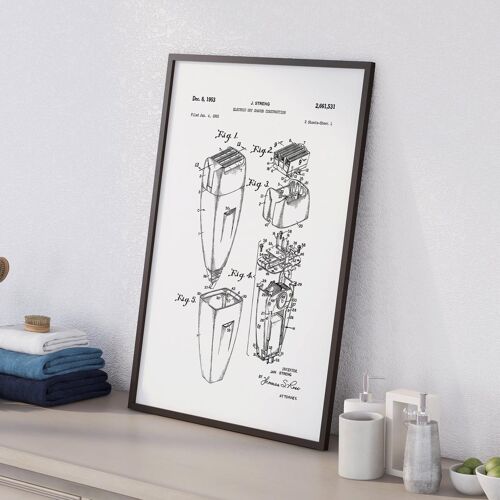 Electric shaver patent drawing print for bathroom, toilet or WC
