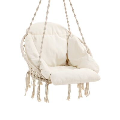 Hanging chair with a thick beige cushion