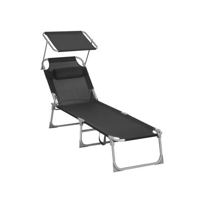 Lounger with headrest and sun canopy Black