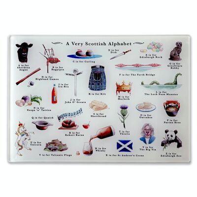 Una tabla de cortar de vidrio con el alfabeto muy escocés
