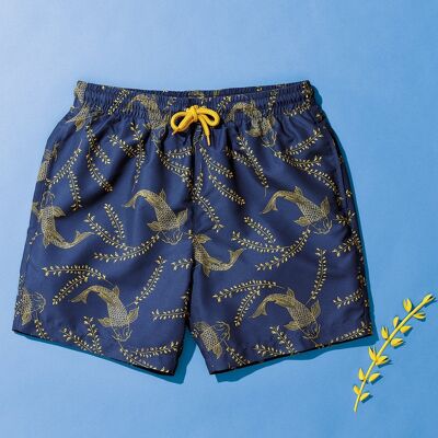 Shorts con estampado de hojas azul marino y mostaza