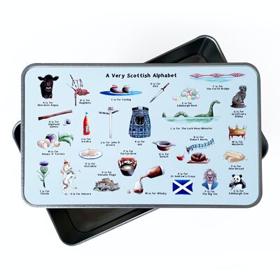 Una lata de almacenamiento de alfabeto muy escocés