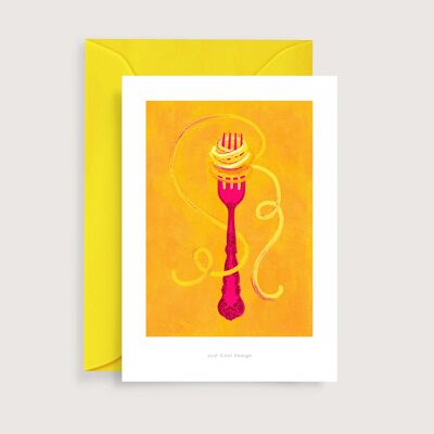 Mini tenedor con espaguetis | Tarjeta de nota de ilustración