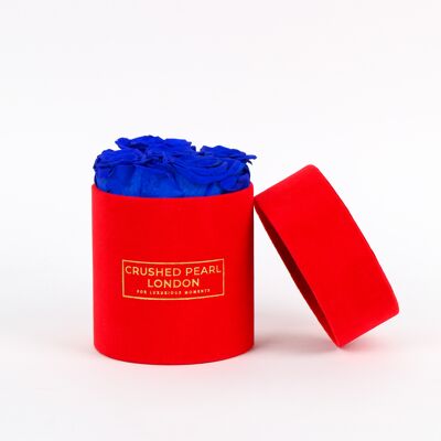 Blue Forever Roses - Kleine Hutschachtel aus rotem Wildleder